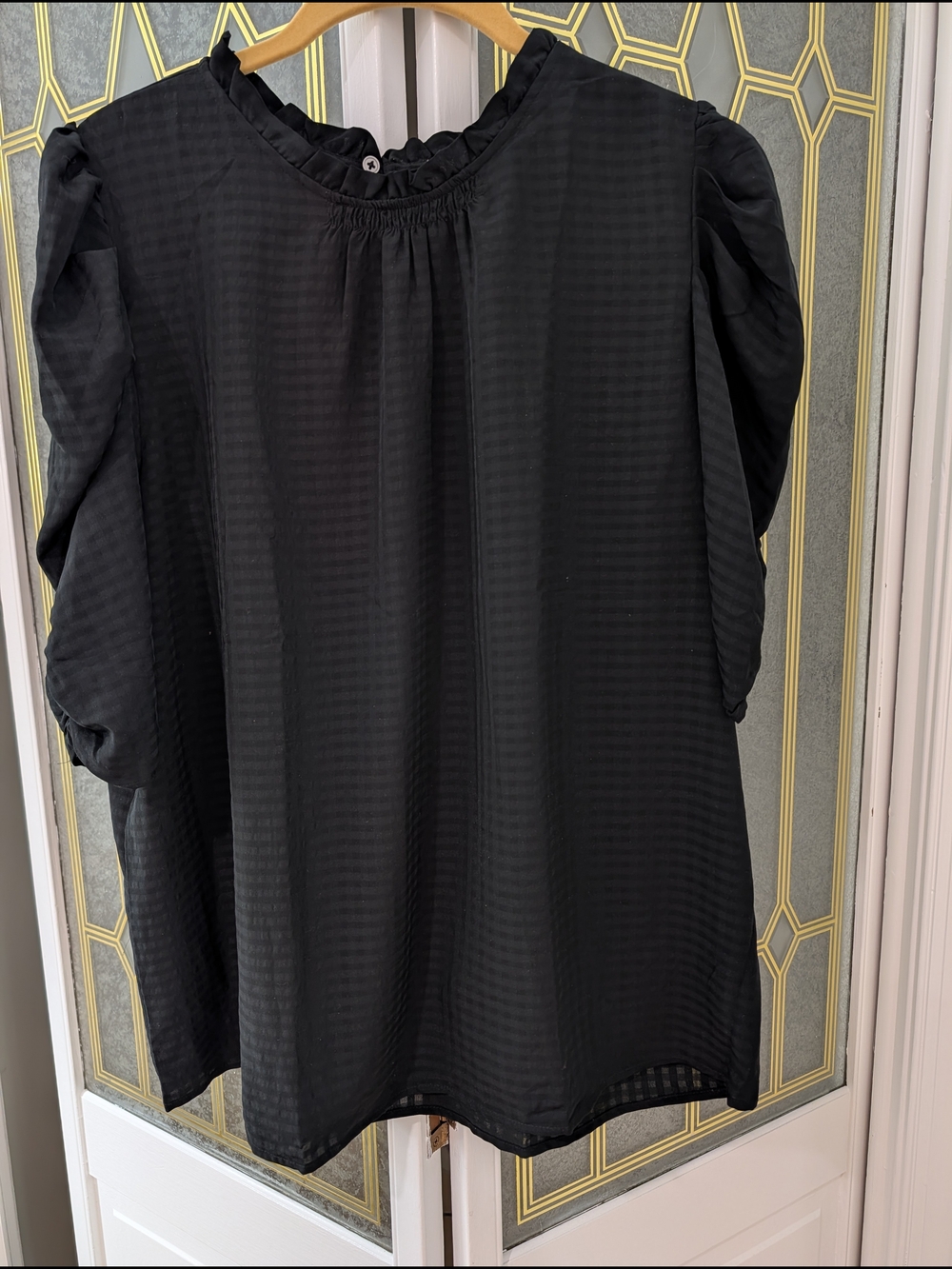 LOFT Black Ruffled Neck Puff Sleeve Blouse